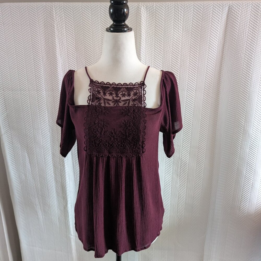 Patrons of Peace Lace Embroidered Top Burgundy Size Small Boho Maroon Wine Crepe
